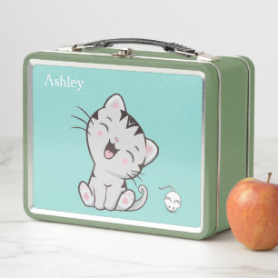 Lunch Box Joli chat tigré & souris sur fond bleu clair