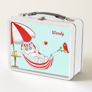 Lunch Box Joli chaton heureux, cœur et petit oiseau rouge