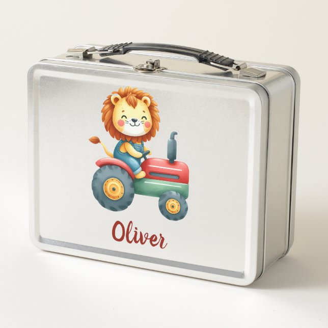 Lunch Box Joli lion fermier sur un tracteur rouge et vert (Devant)