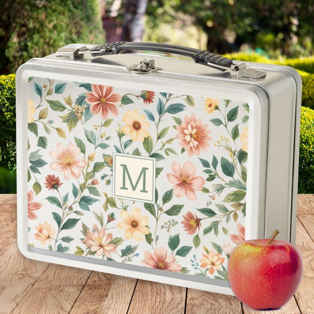 Lunch Box Joli Monogramme Floral (A stylish, monogrammed, metal lunch box, with floral design on both sides)