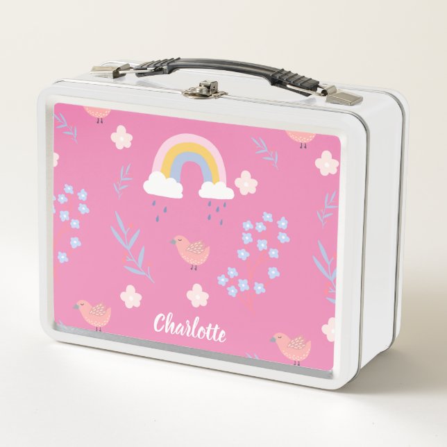 Lunch Box Jolie école rose arc-en-ciel d'oiseaux (Devant)