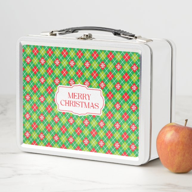 Lunch Box Joyeux Noël vert et rouge plaid (En situation)