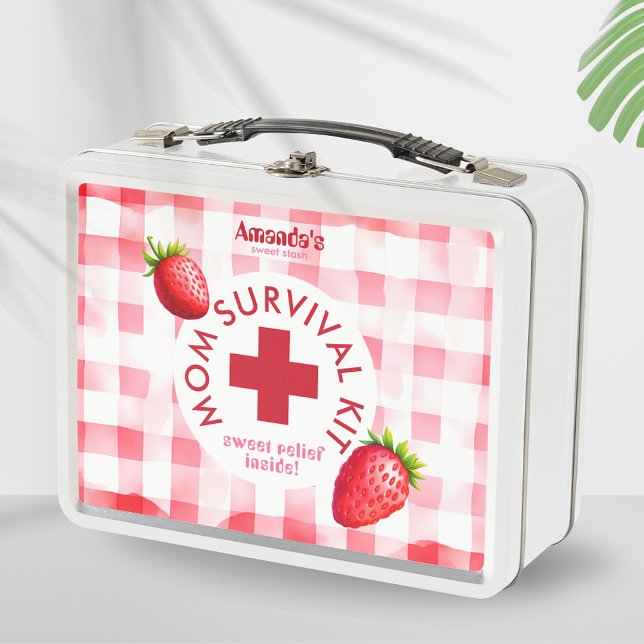 Lunch Box Maman Kit de survie fraise En vichy nouveau cadeau (Mom survival kit new baby shower gift tin box diy idea strawberry gingham mother fun retro hamper)
