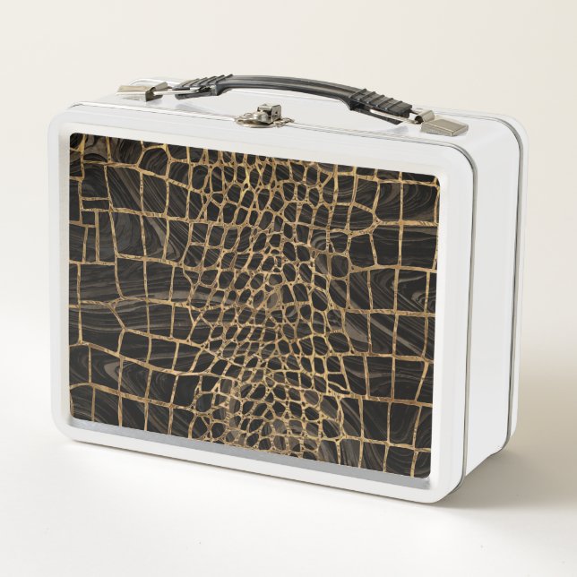 Lunch Box Marbre noir liquide Faux Crocodile et or (Devant)
