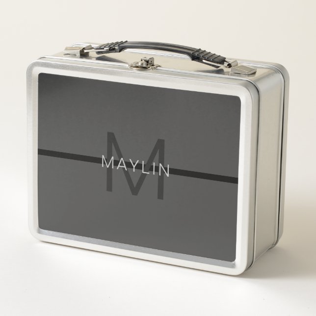 Lunch Box Masculine élégant gris foncé Nom et monogramme (Devant)