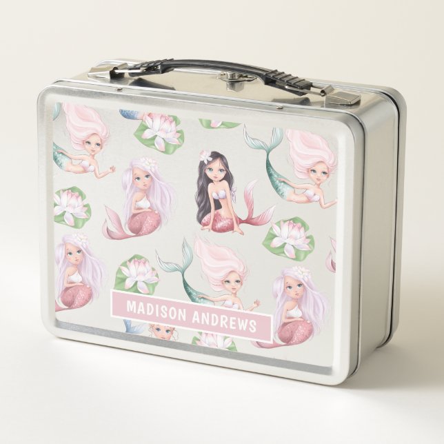 Lunch Box Mermaid Girly Moderne Aquarelle Nom personnalisé (Dos)