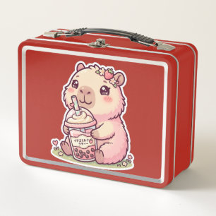 Lunch Box Mignon Chibi Capybara Fraise Boba Kawaii Métal L