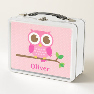 Lunch Box Mignon Hibou Rose sur Branche Fille Personnalisé