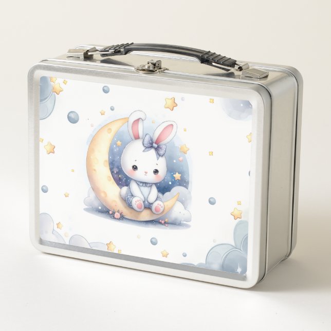 Lunch Box mignon lapin assis sur la lune (Devant)