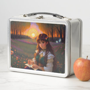 Lunch Box Mignonne Sad Anime Style Femme dans le pré au couc