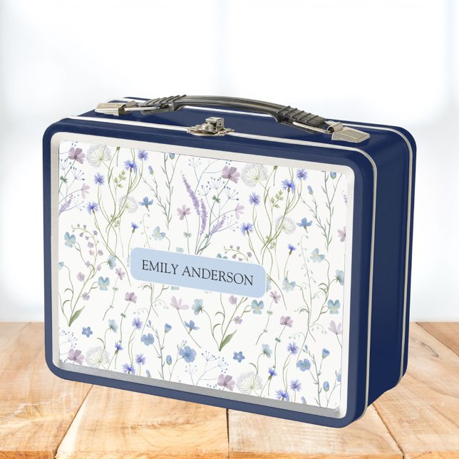 Lunch Box Monogramme bleu violet Fleur sauvage motif floral (In situ)