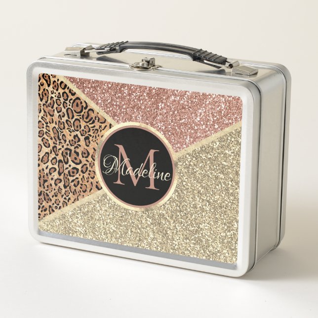 Lunch Box Monogramme de Parties scintillant de léopard Rose  (Devant)