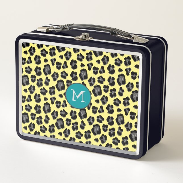 Lunch Box Monogramme Empreinte de léopard jaune et gris (Devant)