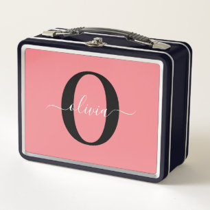 Lunch Box Monogramme personnalisé Nom de script noir blanc r