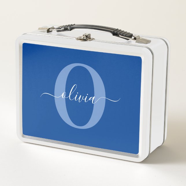 Lunch Box Monogramme personnalisé Nom du script Bleu Blanc (Devant)