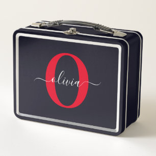 Lunch Box Monogramme personnalisé Nom du script Noir Blanc R