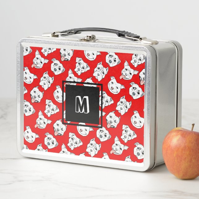 Lunch Box Monogramme rouge de motif de chien de pitbull (En situation)
