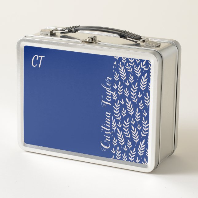 Lunch Box motif feuille rose pâle monogrammé sur bleu (Devant)