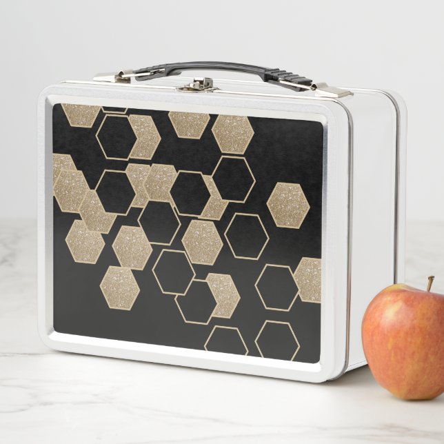 Lunch Box motif hexagone élégant géométrique noir et or (En situation)