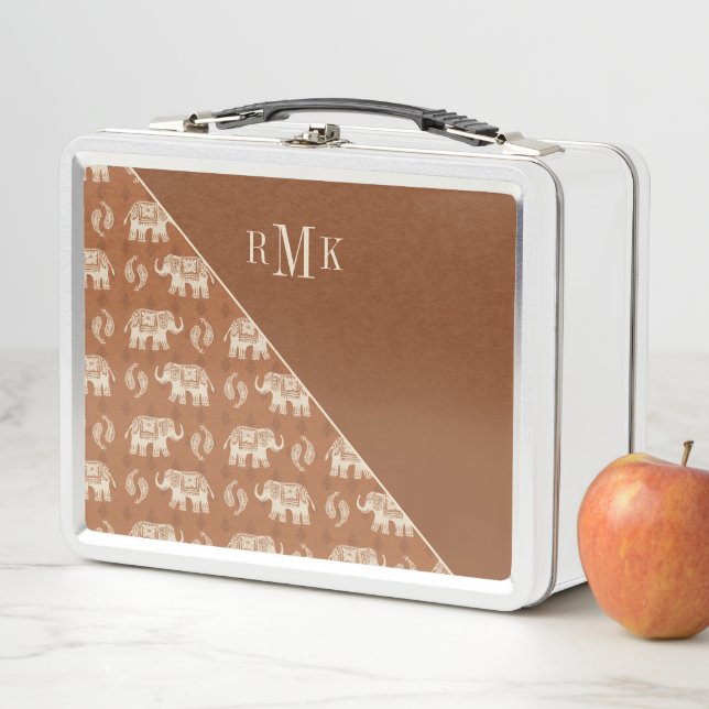 Lunch Box Motif orange de caravane d'éléphant du monogramme (En situation)