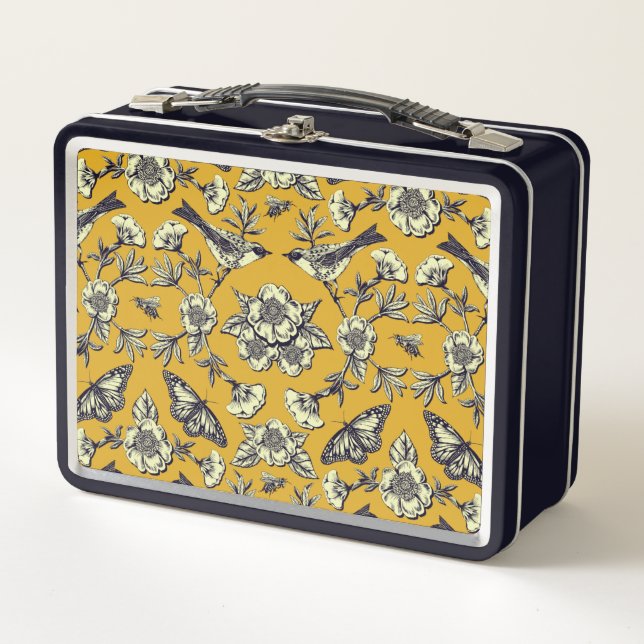 Lunch Box Moutarde Jaune et Oiseaux de la Marine, Papillons  (Devant)