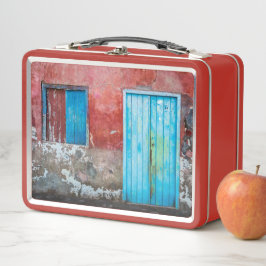 Lunch Box Mur, porte et fenêtre rouge, bleu et gris