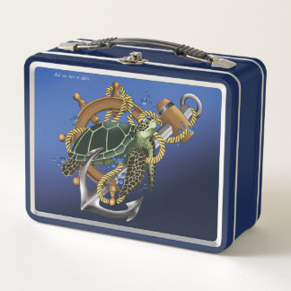Lunch Box Nautical Sea Turtle Anchor Ship Wheel Blue