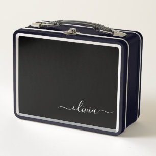 Lunch Box Noir Blanc Moderne Minimaliste Élégant Monogramme