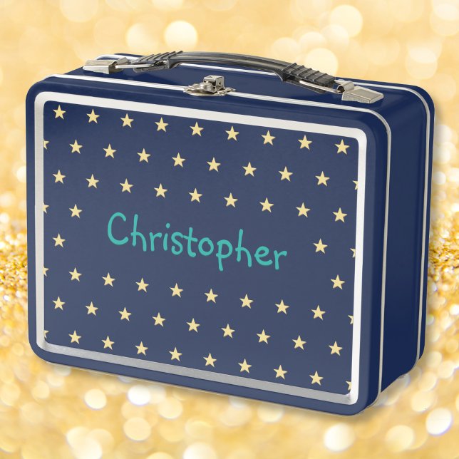 Lunch Box Nom d'enfant personnalisé Gold Stars Garçons Blue  (Personalized Kids Name Gold Stars Boys Blue School Metal Lunch Box)