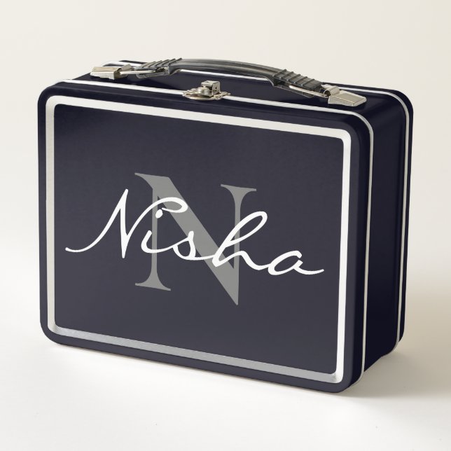 Lunch Box Nom Monogramme Gris Blanc (Devant)