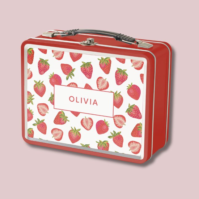 Lunch Box Nom personnalisé du Motif de fraises (Strawberry Pattern personalized girls metal lunchbox)