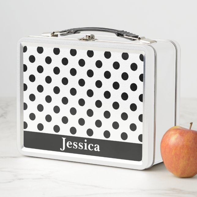 Lunch Box Nom personnalisé Point Polka noir et blanc (En situation)
