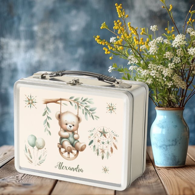 Lunch Box Ours en peluche vert Boho personnalisé (Créateur téléchargé)