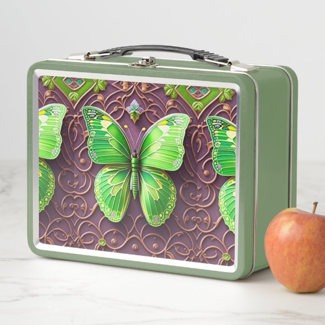 Lunch Box Papillon vert en optique 3D (En situation)