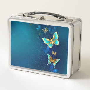 Lunch Box Papillons d'or sur un Arrière - plan bleu