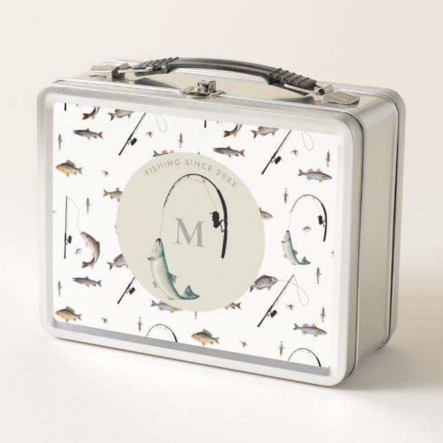 Lunch Box Pêche Rod & Reel Poisson Thème Pêcheur Monogramme (Devant)