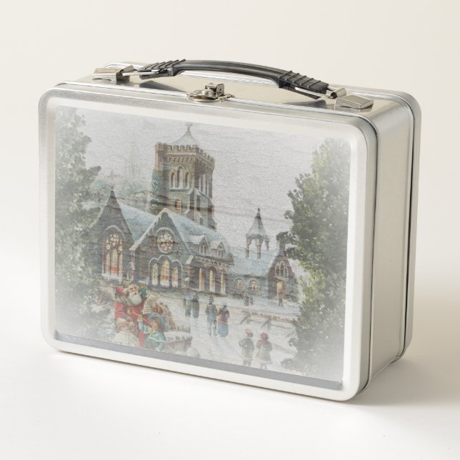 Lunch Box Père Noël ancienne avec enfants devant une église (Devant)