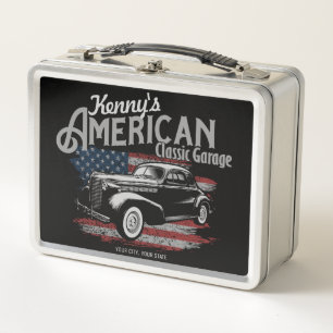 Lunch Box Personalized American Vintage Classic Car Garage