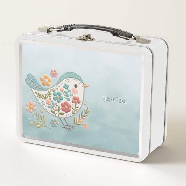 Lunch Box Petit Oiseau bleu rose Fleurs Métal Boîte à lunch (Devant)