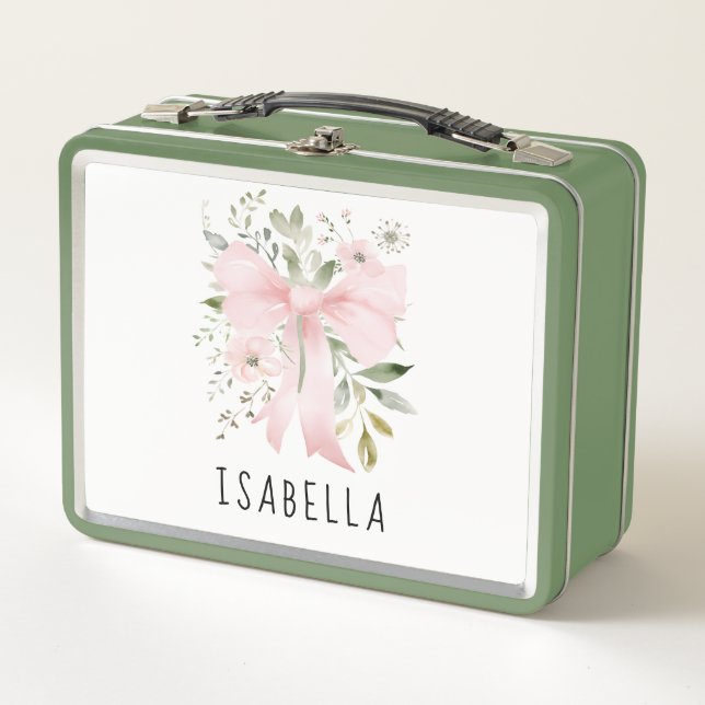 Lunch Box Pink Bow Floral Greenery Coquette Personalized (Devant)