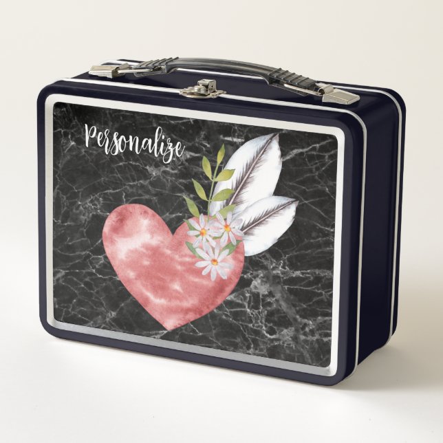 Lunch Box Pink Heart Feathers Black Marble BG Personalized (Devant)