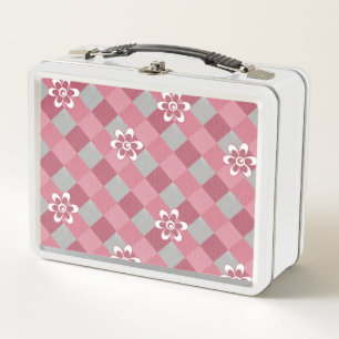 Lunch Box Plaid gris et rose avec fleurs camomilaires