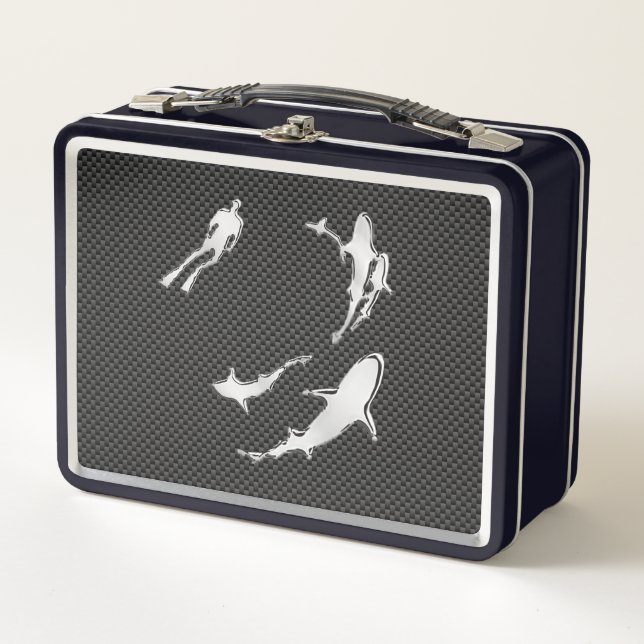Lunch Box Plongeur d'argent avec requins sur la fibre de car (Devant)