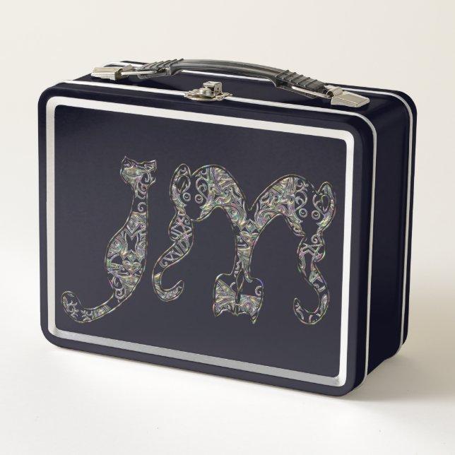 Lunch Box Police Monogramme Chat Personnalisée Perle métalli (Devant)