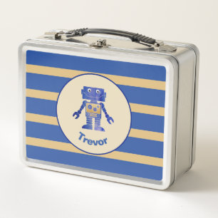 Lunch Box Robot d'or bleu rayé monogramme avec nom