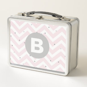 Lunch Box Rose pastel chevron et monogramme gris points