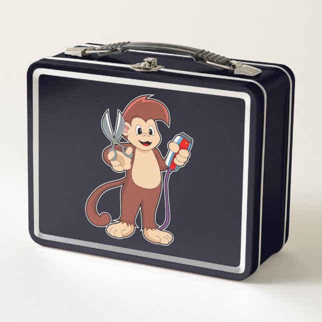 Lunch Box Singe comme coiffeur avec ciseaux et razor (Devant)