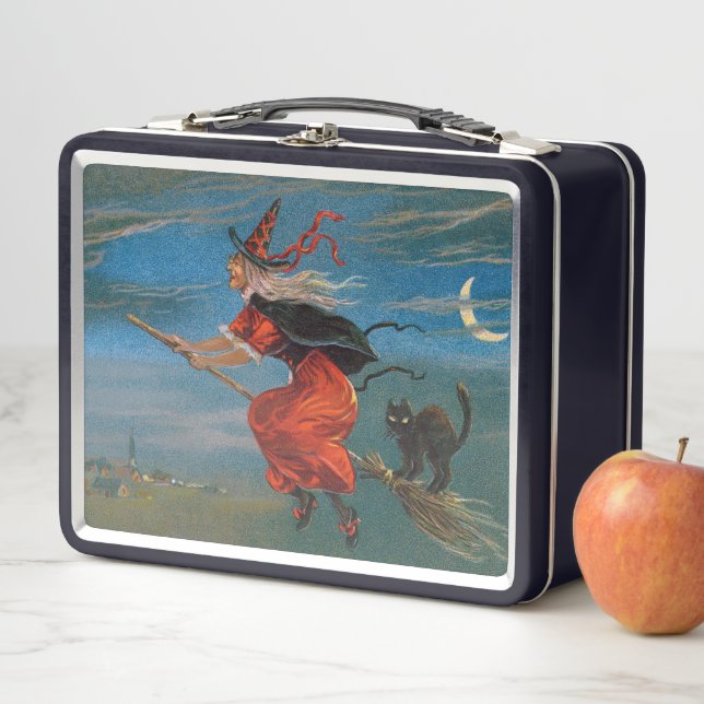 Lunch Box Sorcière volant avec chat noir la nuit d'Halloween (En situation)