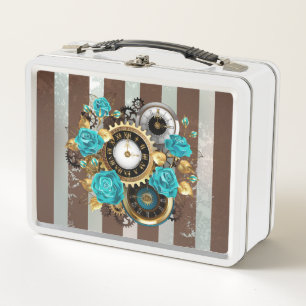 Lunch Box Steampunk Clock and Turquoise Roses on Striped