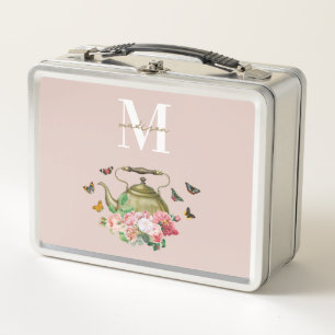 Lunch Box Théière Party Rose Floral & Papillons Monogramme